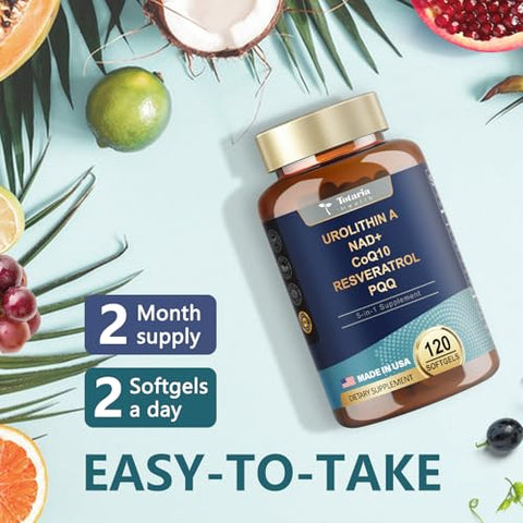 Totaria - Urolithin A 1000mg com NAD, CoQ10, Resveratrol, PQQ – 120 Softgels Vegan para Energia Muscular e Antioxidantes de Alta Bioacessibilidade