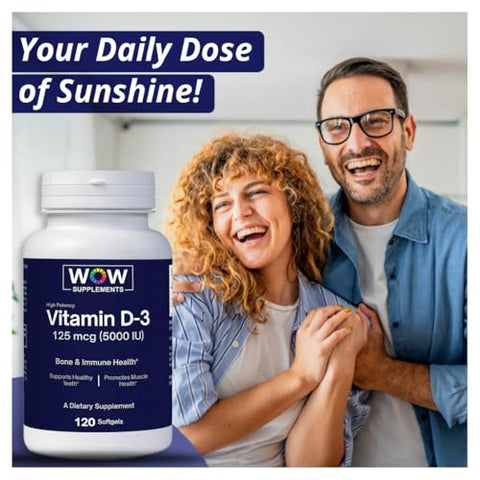 Vitamina D3 5000 UI – 125 mcg, Suplemento de Alta Potência para Saúde Óssea, Dental, Articular, Mamária, Cardíaca e Imunológica* 120 Unidades - WOW Supplements