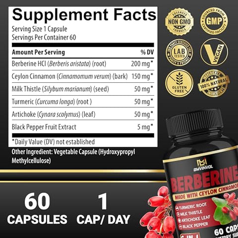 BMVINVOL - Berberina com Canela do Ceilão, Cúrcuma, Cardo de Leite, Alcachofra, Pimenta Preta – 60 Unidades – Embalagem de 1