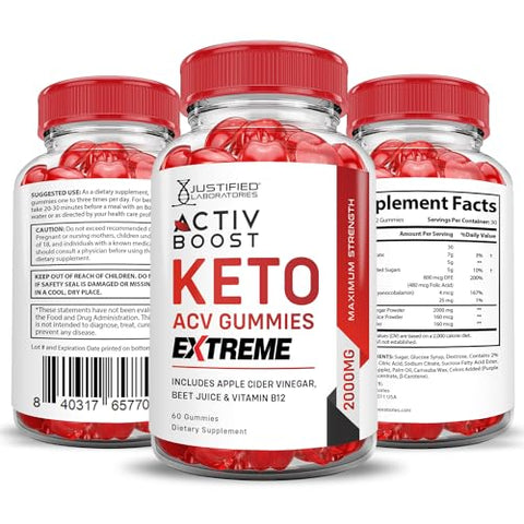 Justified Laboratories - Activboost Keto ACV Gummies Extreme 2000MG – Gummies de Maçã com Vinagre de Maçã, Pomegranate, Beterraba, B12 – Vegan, Não GMO – 60 Gummys