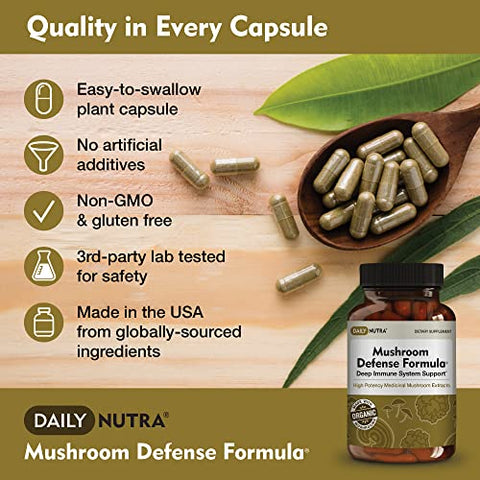 DailyNutra - Fórmula de Defesa de Cogumelos – Suplemento de Suporte Imunológico | Cogumelos Orgânicos, Extraídos em Água Quente – Reishi, Chaga, Maitake, Shiitake | Marca: Mushroom Defense Formula