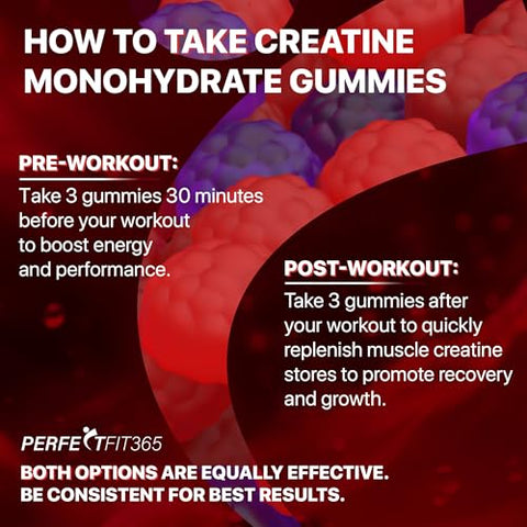 PERFECTFIT365 - Creatine Monohydrate Gummies Complex 8000mg – Suplemento de Creatina Mastigável para Homens e Mulheres com L-Carnitina, Taurina, Creatina Monohidratada Mastigável, Força Muscular, Sabor Framboesa