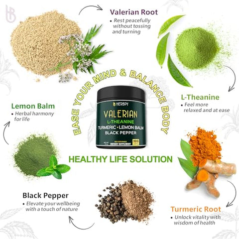 Herbpy - Cápsulas de Raiz de Valeriana 5 em 1 5150mg com L-Teanina, Melissa, Cúrcuma e Extrato de Pimenta Preta para Relaxamento, Noite de Descanso e Digestão