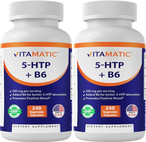 5-HTP 200mg com B6 5mg por Porção – 240 Cápsulas Vegetarianas (5-Hidroxitriptofano) – Extrato de Semente de Griffonia Simplicifolia - Vitamatic