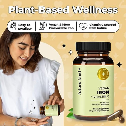 Vegan Iron Supplement with Vitamin C (30 Cápsulas de Ferro) em Frasco de Vidro – Suplemento de Ferro Vegano com Vitamina C para Energia e Concentração - Future Kind