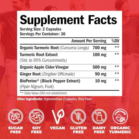 Vimerson Health - Cápsulas de Vinagre de Maçã Orgânico com Cúrcuma e Gengibre para Saúde das Articulações e Metabolismo – Marca: [nome da marca]