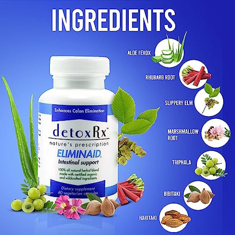 Eliminaid® | Auxílio suave para eliminação em momentos de estresse, doença, imobilidade, viagem, mudanças na dieta ou como resultado de medicamentos prescritos | Marca DetoxRx® em destaque - DetoxRx