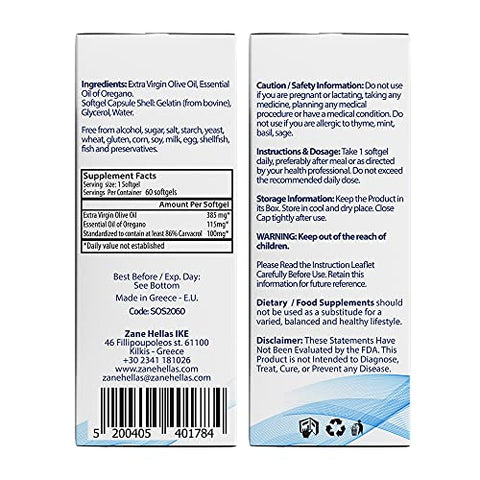 Zane HELLAS Probably the best oregano oil products in the world - Zane Hellas Softgels de Óleo de Orégano. Extra Forte. Cada Softgel Contém 15%% de Óleo Essencial de Orégano Grego. 64 mg de Carvacrol por Softgel. 60 Softgels. Pacote com 2