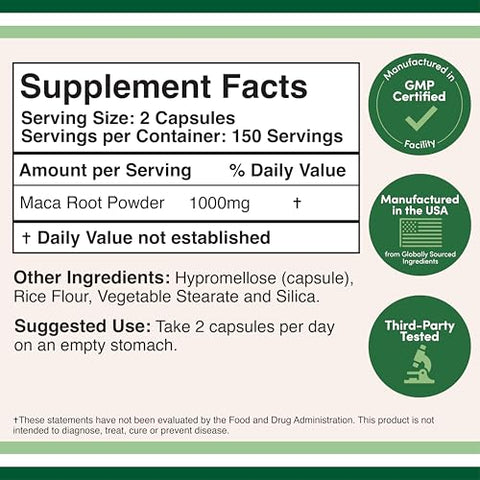 Double Wood Supplements - Cápsulas de Raiz de Maca para Mulheres e Homens, 300 Unidades (1.000mg de Pó de Maca Preta, Vermelha e Amarela por Porção) Cultivadas no Peru (para Energia, Desempenho, Motivação) por Double Wood