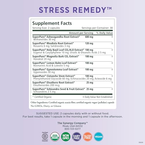 Remédio para Estresse | Suplemento para Alívio do Estresse com Ashwagandha | Suporte Orgânico de Adaptógenos com Rhodiola, Melissa e Manjericão Sagrado | para Estresse, Saúde Adrenal e - PURE SYNERGY
