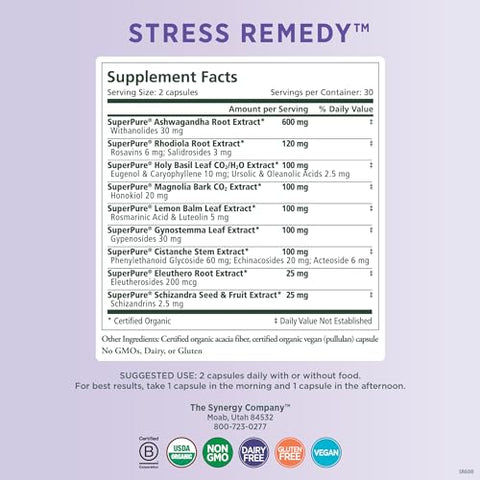 Remédio para Estresse | Suplemento para Alívio do Estresse com Ashwagandha | Suporte Orgânico de Adaptógenos com Rhodiola, Melissa e Manjericão Sagrado | para Estresse, Saúde Adrenal e - PURE SYNERGY