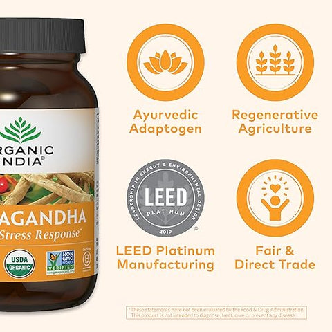 Cápsulas de Ashwagandha Orgânica – Suplemento de Ashwagandha Vegano, Livre de Glúten, Kosher, Não-OGM – Suporte para Alívio do Estresse, Energia e Sono – 90 Cápsulas - ORGANIC INDIA