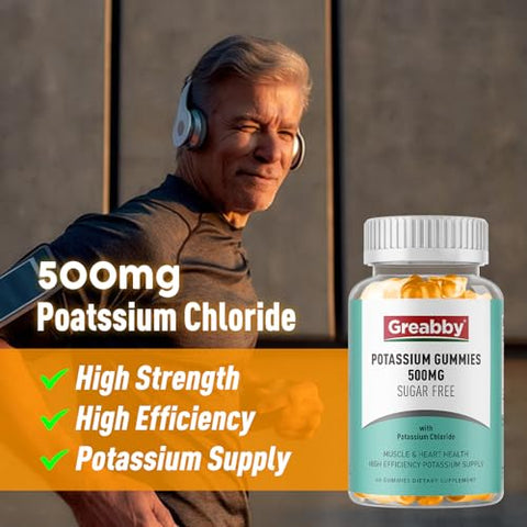 GREABBY - Gomas de Potássio 500mg para Adultos, 60 Porções, Gomas de Cloreto de Potássio sem Açúcar, Saúde Cardíaca