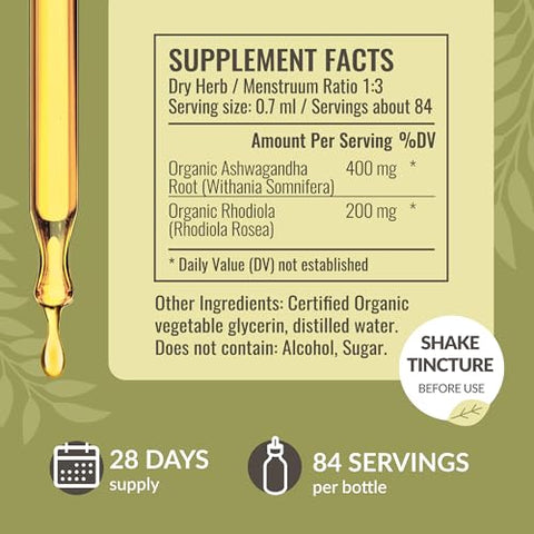 Gotas de Suporte Adrenal com Ashwagandha Pura e Extratos de Rhodiola Rosea para Energia Vegana – Álcool – 30ml - HERBAMAMA
