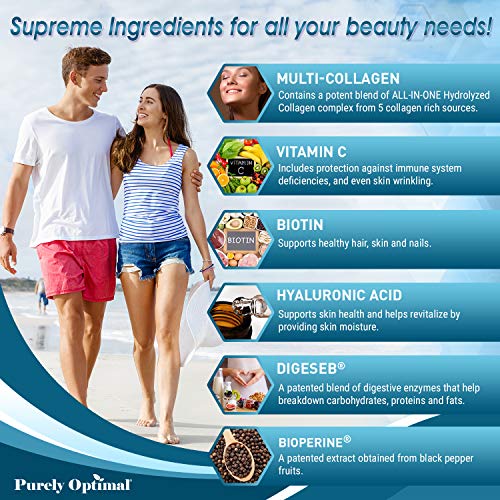 Purely Optimal - Premium Multi Colágeno Peptídeos (Tipos I, II, III, V, X) – Cápsulas de Colágeno para Cuidados com a Pele, Crescimento Capilar, Unhas – Marca em Destaque