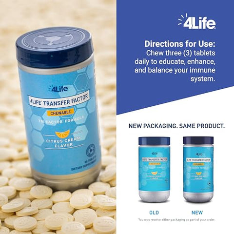 Transfer Factor Chewable Tri-Factor Formula – Suporte Imunológico com Extratos de Colostro Bovino e Gema de Ovo de Galinha – Sabor Creme de Citrus – 90 Comprimidos Mastigáveis - 4Life
