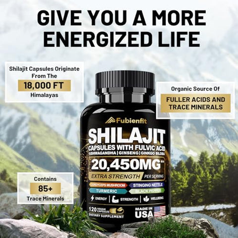 Shilajit Pure Himalayan Organic – 20450MG Cápsulas de Shilajit – Premium para Homens – com Ashwagandha Ginseng e Mais Ácido Fúlvico para Homens/Mulheres – 120 Cápsulas - Regio