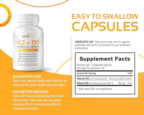 CogniTune - Vitamina D3 5000 UI com Vitamina K2 (MK7) – Imunidade e Saúde do Coração – Marca Premium