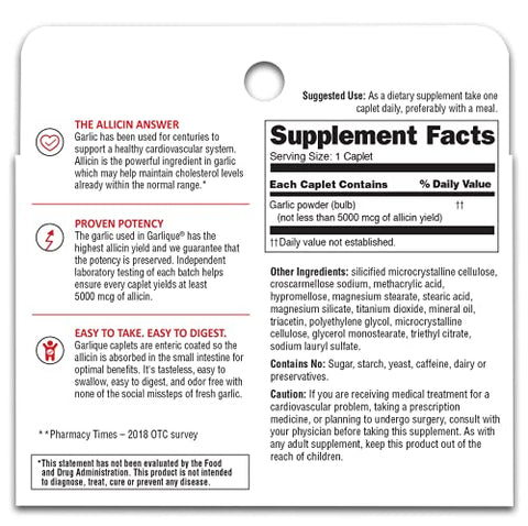 Fórmula Saudável para Colesterol com 5000 mcg de Allicin, 60 Cápsulas Entéricas Revestidas (Pacote com 2) – Redução do Colesterol de Forma Natural - Garlique