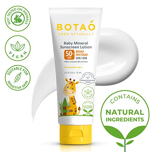 BOTAO - Protetor solar para bebês 100%% mineral Óxido de Zinco – Loção segura e natural de proteção solar para bebês: FPS50 Amplo Espectro UVA UVB, Para pele sensível do rosto e corpo do bebê, Creme protetor solar