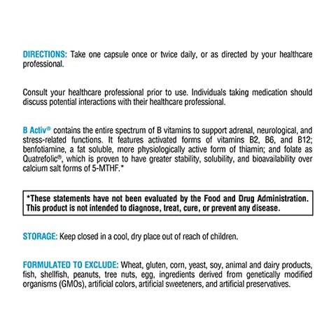 B Activ Complexo de Vitamina B com Benfotiamina, Metilfolato, Biotina, Vitamina B6 – Suplemento Energético Vitamina B12 (Metilcobalamina b12) – Suporte Adrenal Suporte de Humor - XYMOGEN