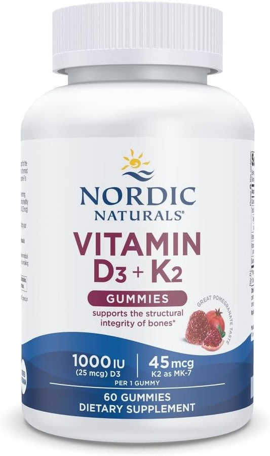 Gummies Vitamina D3 K2, Romã – 60 Gummies – 1000 UI Vitamina D3 45 mcg Vitamina K2 – Sabor Delicioso – Saúde Óssea, Promove Função Muscular Saudável - Nordic Naturals