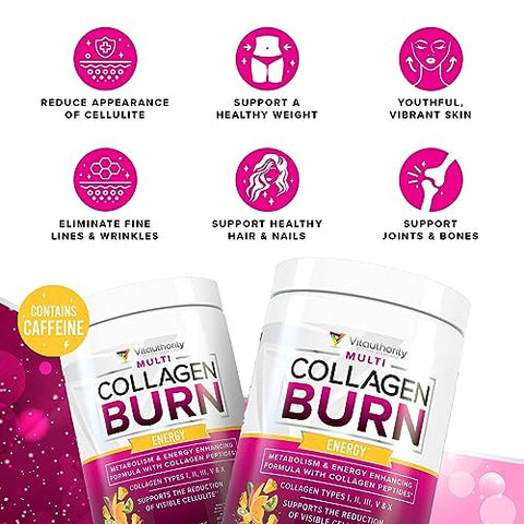 Vitauthority - Multi Colágeno Burn: Peptídeos de Proteína Hidrolisada Multi-Tipo com Ácido Hialurônico, Vitamina C, SOD B Dimpless, Colágeno Tipos I, II, III, V e X, com Cafeína