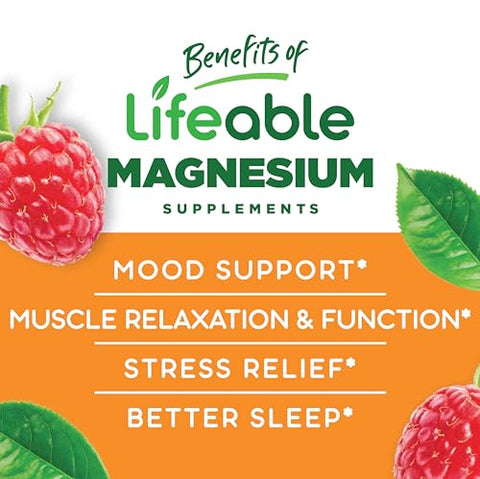 Lifeable - Magnésio Gummies para Adultos | 900mg | Deliciosos Gummies para Suporte à Função Muscular e Relaxamento | Gummies de Citrato de Magnésio Não-OGM | Suporte ao Alívio do Estresse | 90 unid.