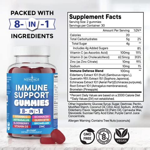 NEW AGE - 8 em 1 Suplemento Reforço Imunológico com Raiz de Astragalus, Vitamina C e Zinco 50mg, Vitamina D 5000 UI, Cúrcuma Curcumina