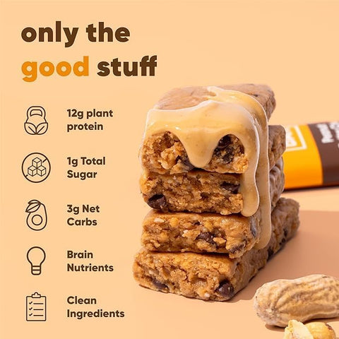 POLOFL - BAR Brain and Body – Barras de Proteína Keto de Chocolate com Sal Marinho e Manteiga de Amendoim – 12 Unidades – Barras Energéticas – Baixo Carboidrato – Alta Fibra – Vegano – Baixo Açúcar – Refeição