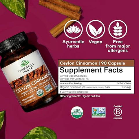 Canela Ceylon Herbal – Vegano, Sem Glúten, Kosher – Certificado Orgânico USDA, Não-OGM – 90 Cápsulas - ORGANIC INDIA