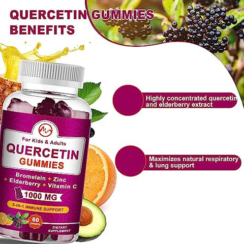 M inch - (2 Pacotes) Gomas de Quercetina com Bromelina, Sabugueiro, Zinco e Vitamina C – Quercetina Mastigável 1000 mg para Imunidade, Cardiovascular, Alergia, Suporte ao Envelhecimento – Vegano