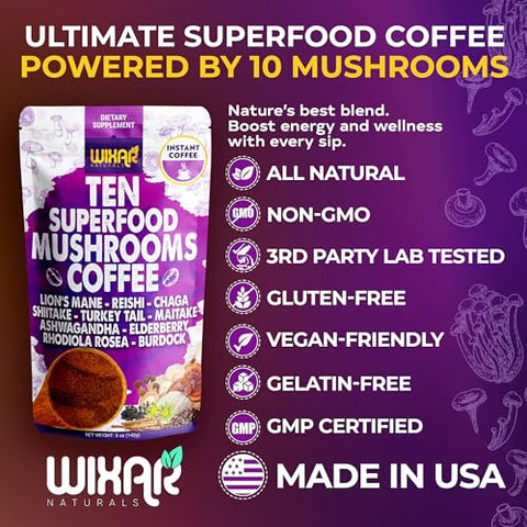 WIXAR NATURALS - WIXAR Café Instantâneo em Pó Superfood de Cogumelo – 10 Extratos Superfood com Lion’s Mane, Turkey Tail, Reishi, Chaga, Shiitake, Ashwagandha, Rhodiola Rosea, Elderberry – 100g