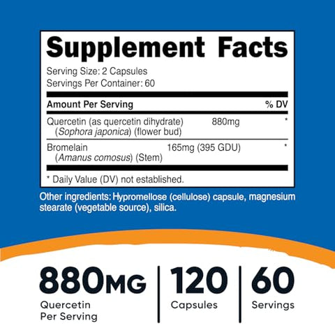 Quercetina com Bromelina, 880mg Quercetina 165mg Bromelina Por Porção, 120 Cápsulas, 60 Porções (2 Cápsulas Por Porção) – Vegetariano, Não-OGM - Nutricost