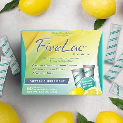 Global Health Trax - GHT – FiveLac Limão Pó Probiótico para Bebida, Probióticos para Mulheres, Homens e Crianças – Suporte Digestivo Suave e Eliminação – Alivia Constipação e Gases Ocasionais – 60g