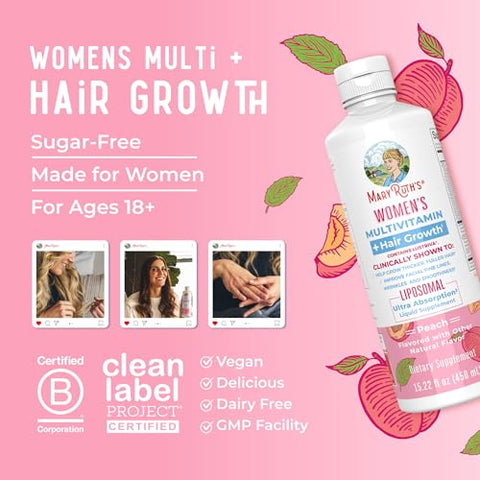 MaryRuth Organics - Lustriva Hair Growth Liposomal | Multivitamínico Feminino | Biotina | Vitamina D | Vitaminas do Complexo B | Testado Clinicamente para Cabelos Mais Grossos, Rugas, Linhas Finas, Cuidados com a Pele | Idade 18+ | Cabelos