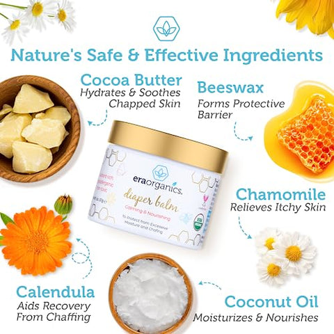 Bálsamo para assaduras de bebê Era Organics – Creme de fraldas orgânico certificado USDA, extra calmante e nutritivo para pele seca e sensível. Bálsamo natural para bebês, ajuda a controlar umidade excessiva, assaduras e irritações