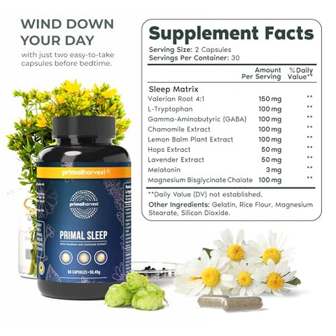 2 Pack – Primal Sleep 60 Cápsulas com Raiz de Valeriana, L-Triptofano, GABA, Camomila e Melatonina 3mg | Promove um Sono Reparador e Relaxante | Marca Primal Harvest - Primal Harvest