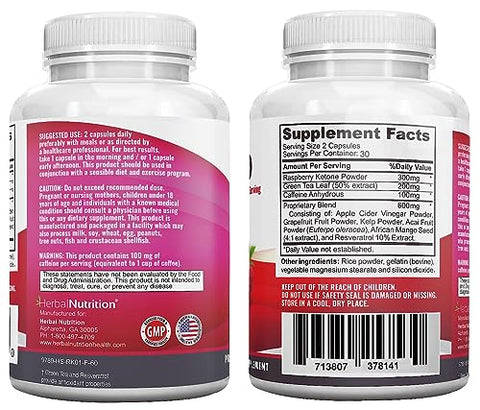 Herbal Nutrition - RAZADVANCED Complexo de Perda de Peso com Cetonas de Framboesa, 2 Frascos, 120 Cápsulas, 1200mg por Porção, Manga Africana, Vinagre de Maçã, Chá Verde, Resveratrol, Fruta Açaí, Alga Marinha