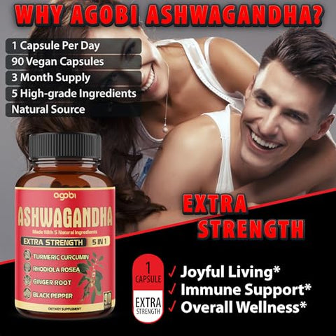 agobi - 90 Cápsulas – Suplemento de Ashwagandha – Raiz de Gengibre, Cúrcuma, Rhodiola Rosea