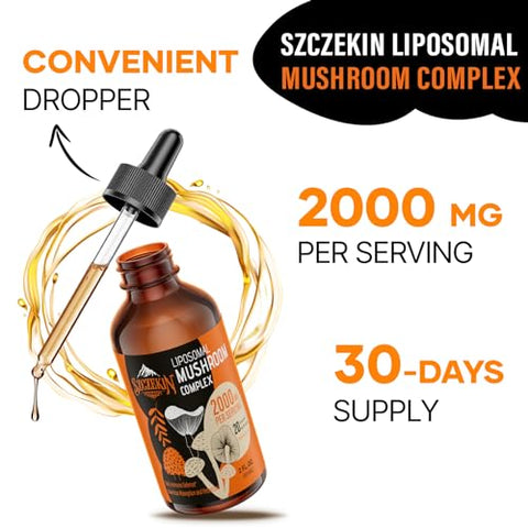 SZCZEKIN - Gotas Complexas de Cogumelo Lipossomal 2000 MG – 20 Extratos Orgânicos de Cogumelos – Fórmula Líquida Avançada para Imunidade, Cognição e Memória – Suplemento de Cogumelo do Leão, Reishi, Cordyceps