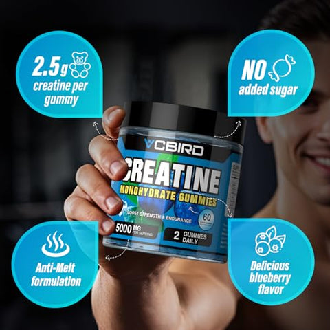 VCBIRD - Creatina Monohidratada 5g Por Porção, Suplemento Sem Açúcar para Suporte de Força, Desempenho, Energia, Recuperação, Creatina Sem Glúten para Mulheres e Homens, Sabor Mirtilo