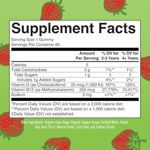 Gomas Veganas de Vitamina D3 e Vitamina B12 | Suprimento de 2 Meses | Suporte à Saúde Óssea | Suplemento de Suporte Imunológico | Suplementos Energéticos | Metil B12 Vegano Não-OGM - MaryRuth Organics