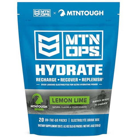 Hydrate Pó de Eletrólitos – Bebida de Eletrólitos em Pó, 20 Pacotes Individuais para Levar, com Mais de 1000mg de Eletrólitos por Porção, Sabor Limão-Lima - MTN OPS