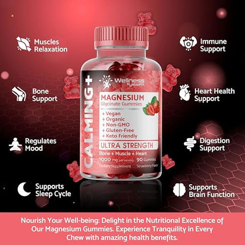 WELLNESS LABSRX - Gomas de Magnésio Glicinato – 1000 mg – Suporte para Relaxamento, Alívio do Estresse, Saúde do Coração – Gomas Mastigáveis de Magnésio para Adultos – Sabor Morango