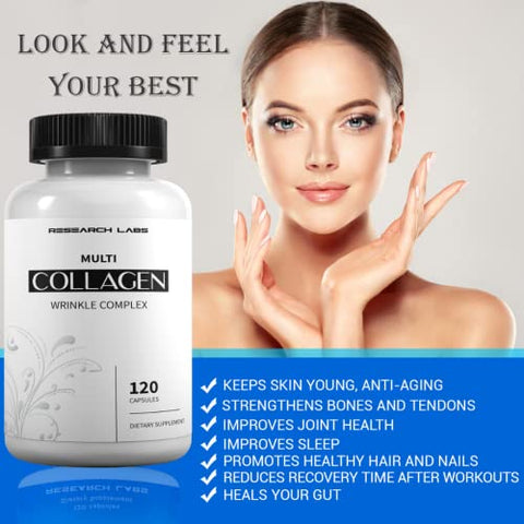Research Labs - Promoção 2 por 1: 240 Cápsulas de Colágeno – 6000 mg. Suporte Anti-Envelhecimento para Pele, Articulações, Tendões, Ossos, Cabelos e Unhas. Amigo do Paleo. Pó de Peptídeos de Colágeno