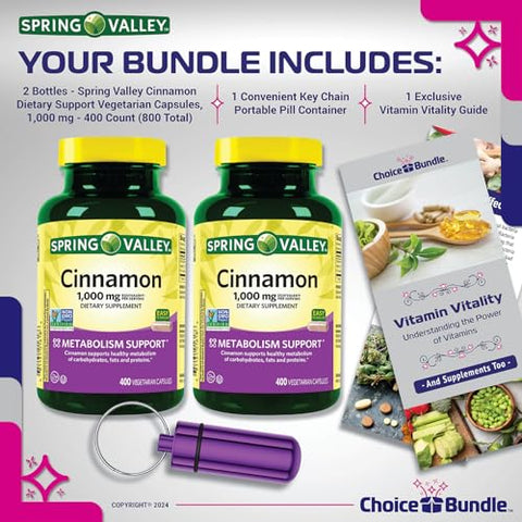 ChoiceBundle - Spring Valley Canela 1000mg Suplemento Alimentar, 400 cápsulas vegetarianas 2pk Bundle Escolha (800 Total) Guia “Vitalidade Vitamínica