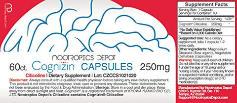 Cápsulas de Citicolina Cognizin | 60 Unidades | Suplemento de Colina | Saúde Cerebral | Regula Memória e Função Cognitiva | Suporta Atenção, Foco e - Nootropics Depot