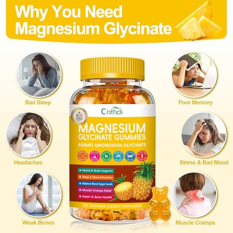 CNFHDI - Magnesium Glycinate Gummies 600mg – 120 Unidades | Magnésio Glicinato Sem Açúcar com Vitamina D, B6 e CoQ10 para Equilíbrio Emocional