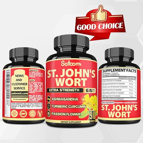 Cápsulas de Hipérico 5050mg – 90 Cápsulas Vegetais 3-Meses de Fornecimento – Raiz de Ashwagandha, Raiz de Cúrcuma, Flor de Maracujá - Satoomi